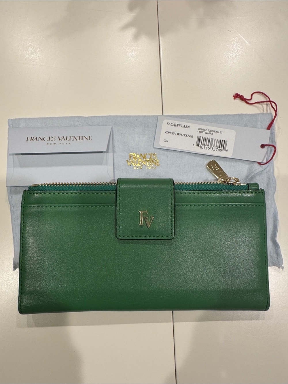 Frances Valentine Green Leather Double-Zip Slim Wallet with Gold Hardware